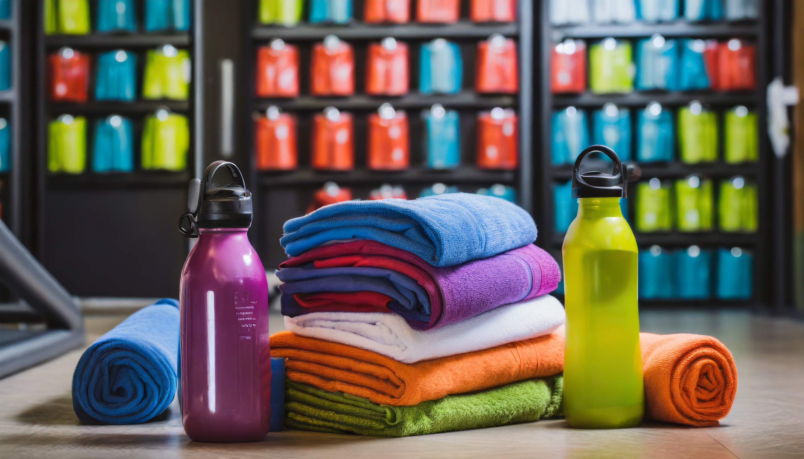 Firefly_A_pile_of_colorful_folded_gym_towels_surrounded_by_sports_drinking_bottles__gym_lockers_in_b.jpg